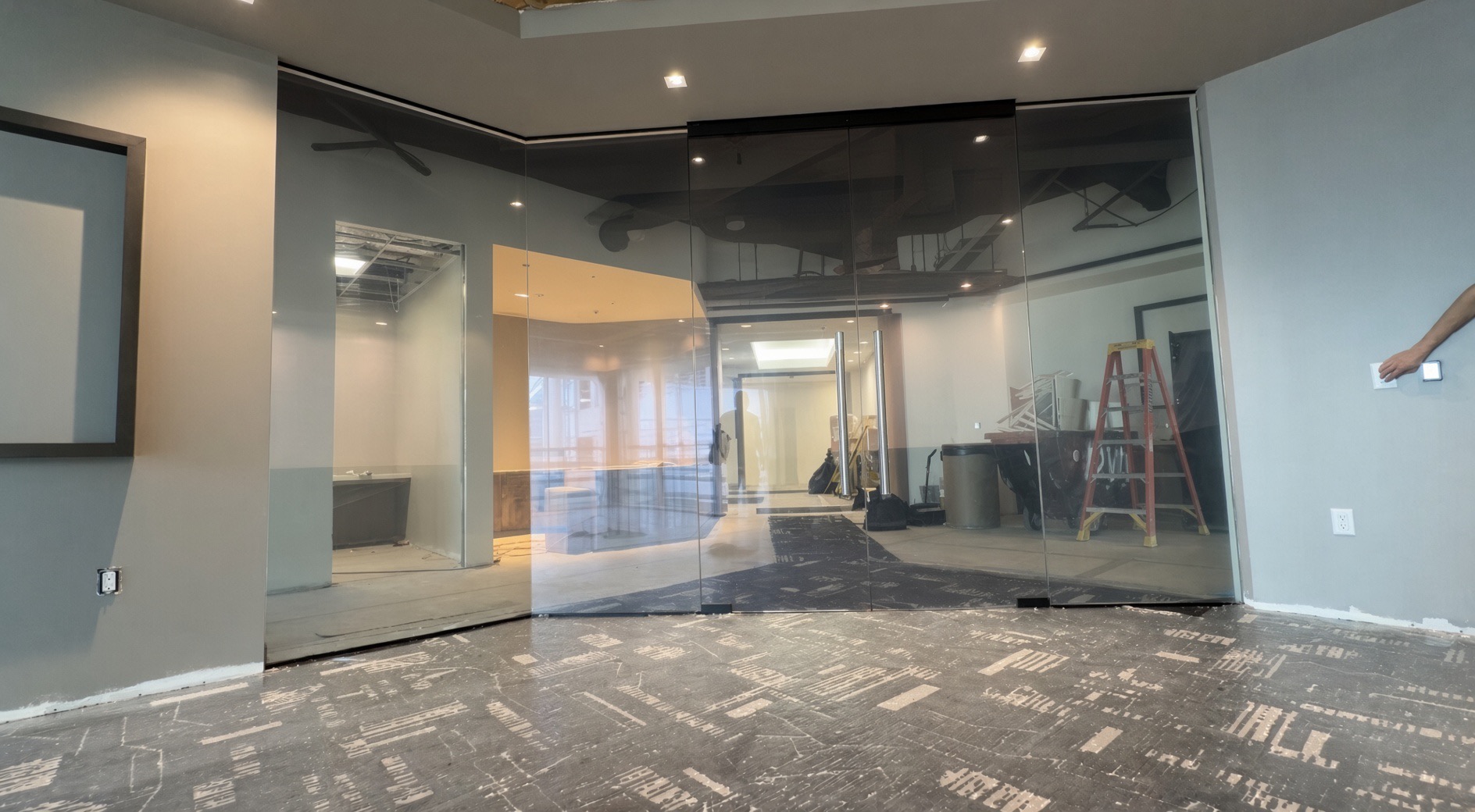 Commercial glass wall and doors, smart film clear