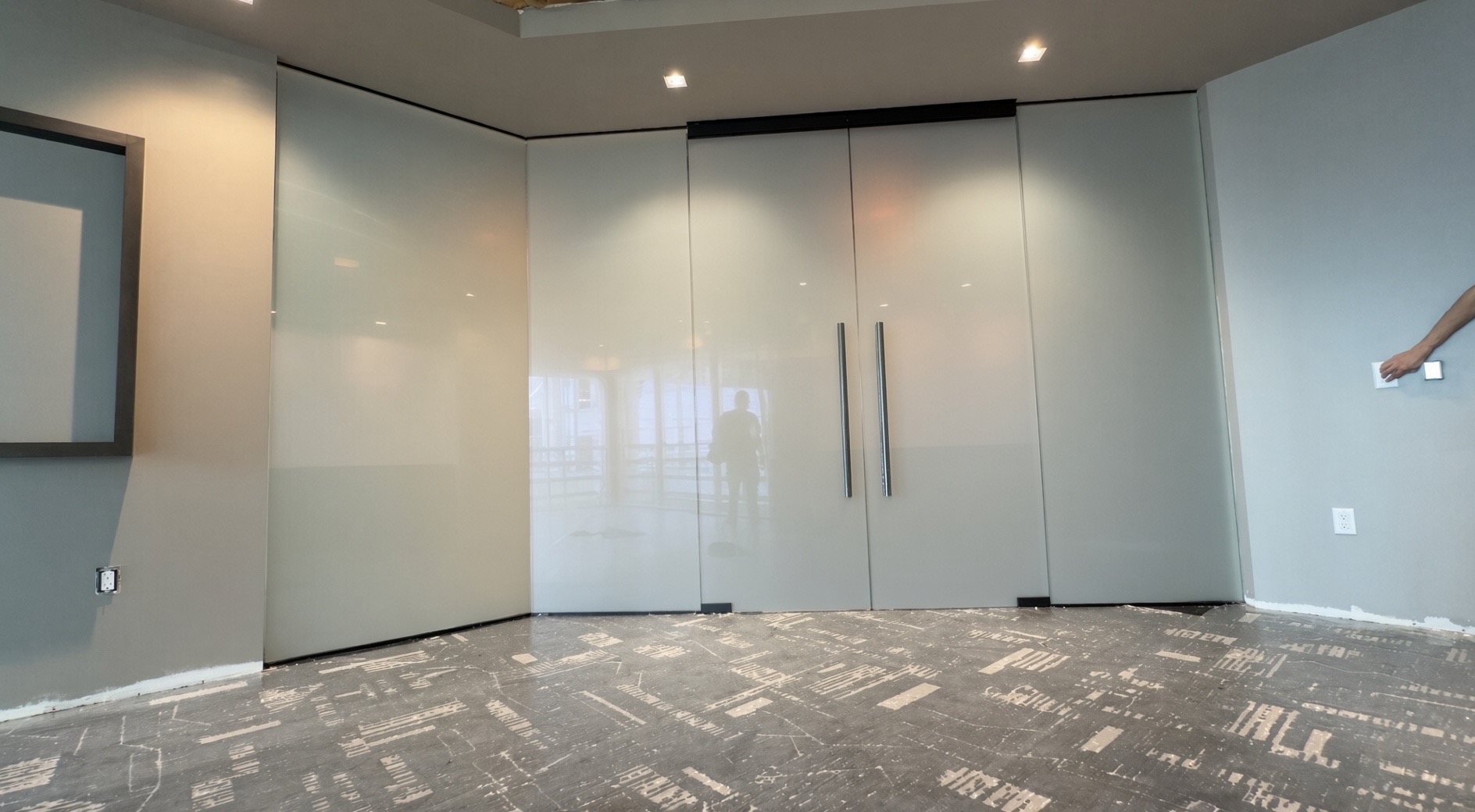 Commercial glass wall and doors, smart film frosted for privacy