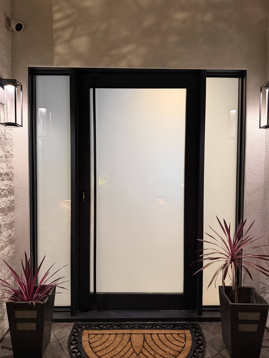 Glass front door with sidelights, smart film frosted for privacy