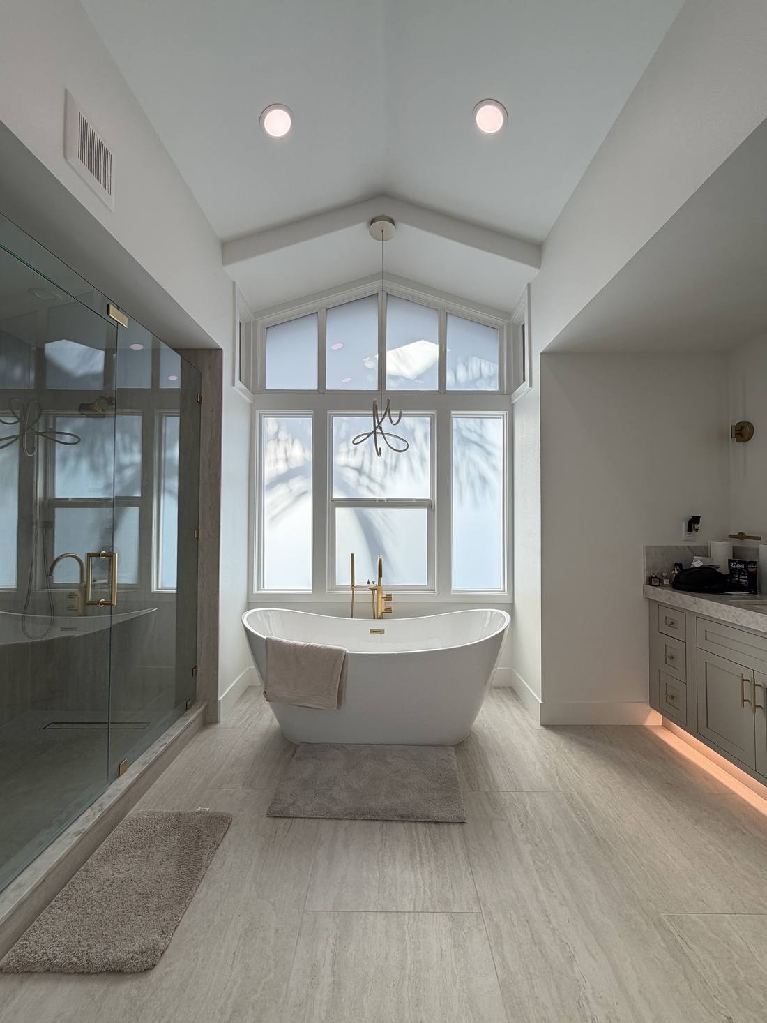 Primary bathroom bay window, frosted