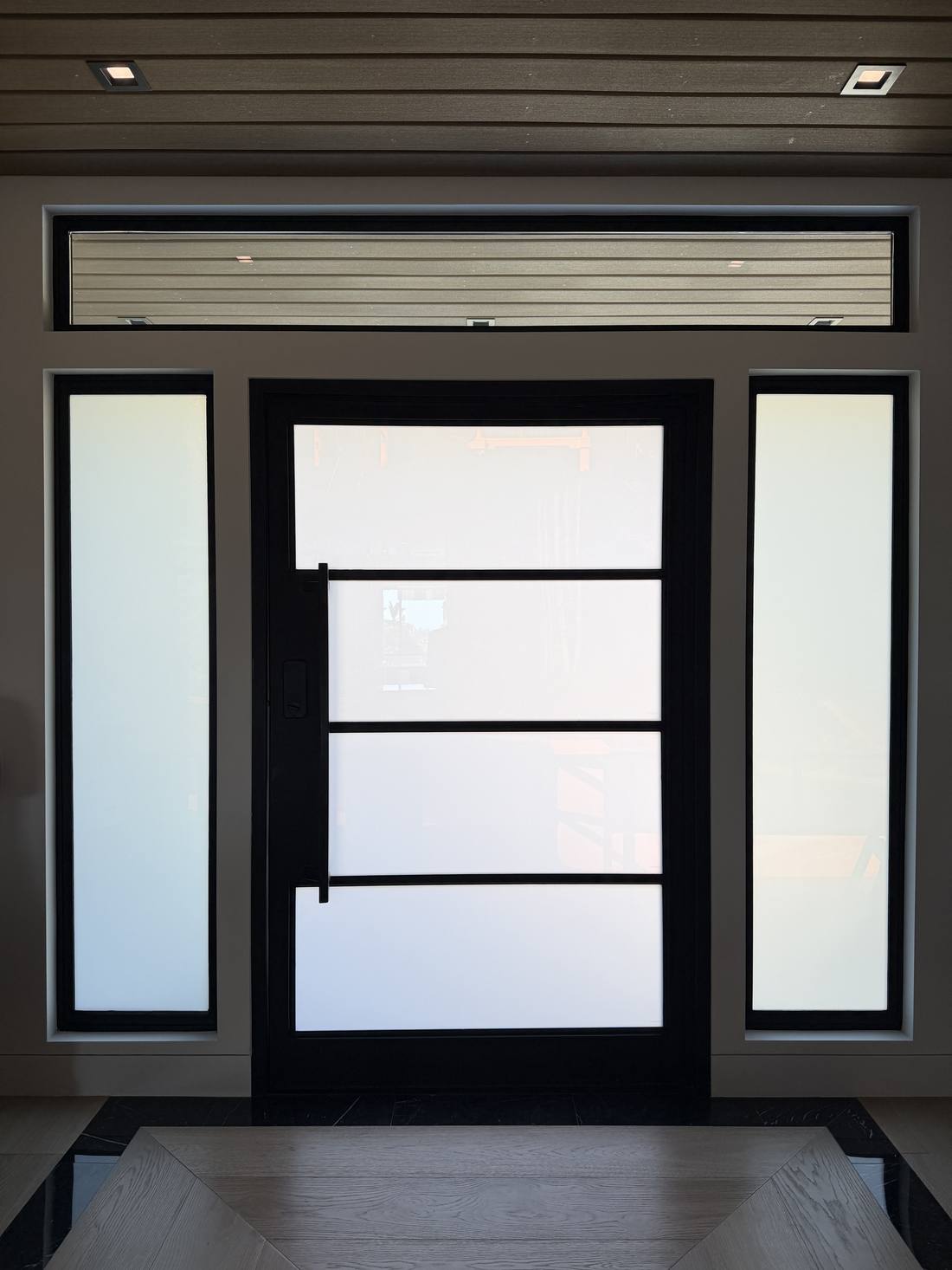 Modern front entry door, frosted