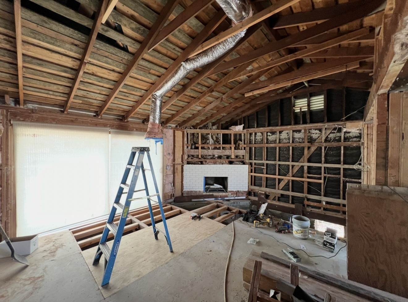New construction framing, roof deck open before smart film prep