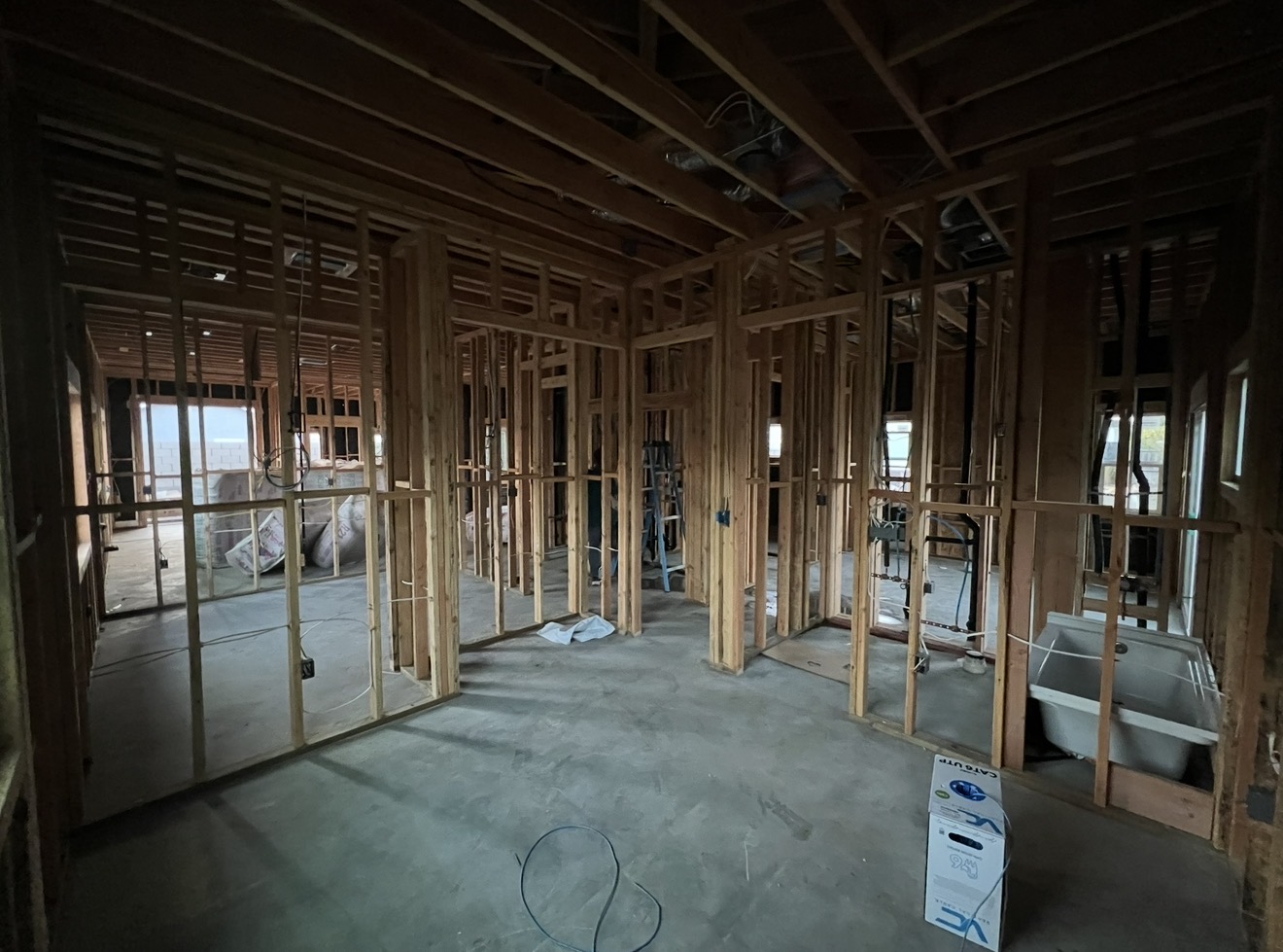 New construction framing, open living area pre-wire