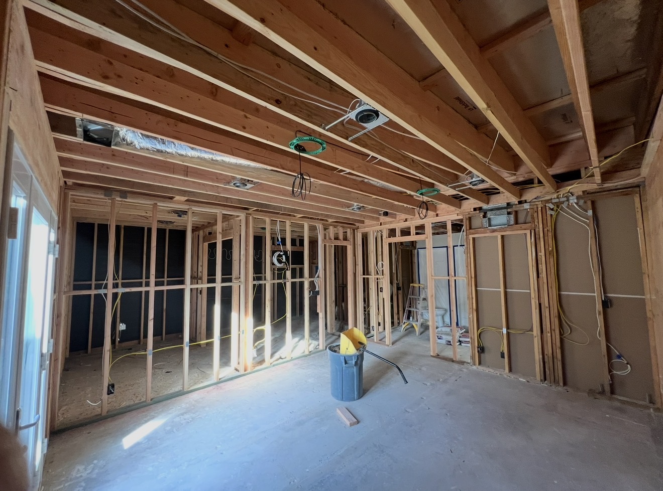New construction framing, open ceiling with pre-wire