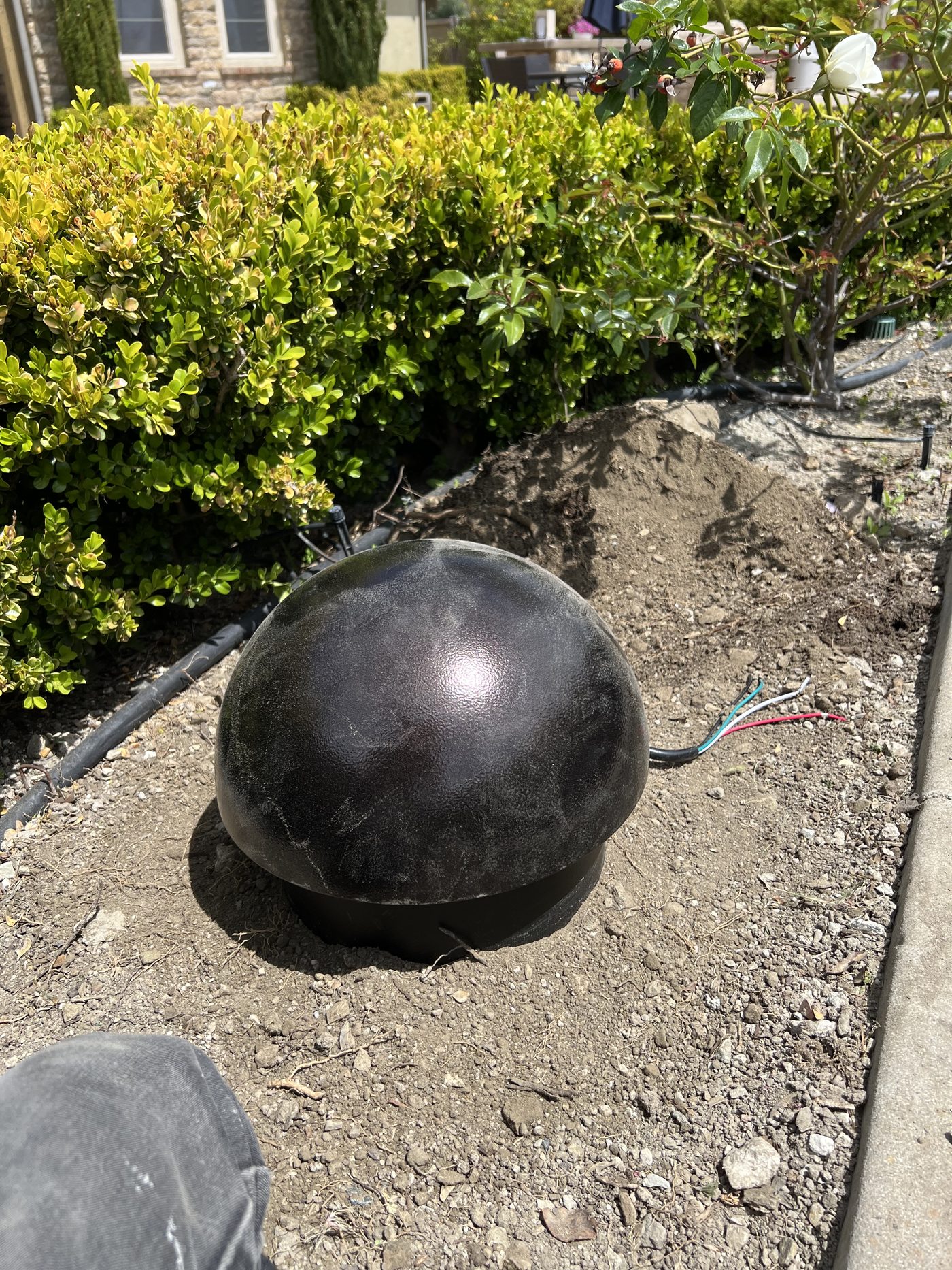 In-ground landscape speaker installed near garden hedges