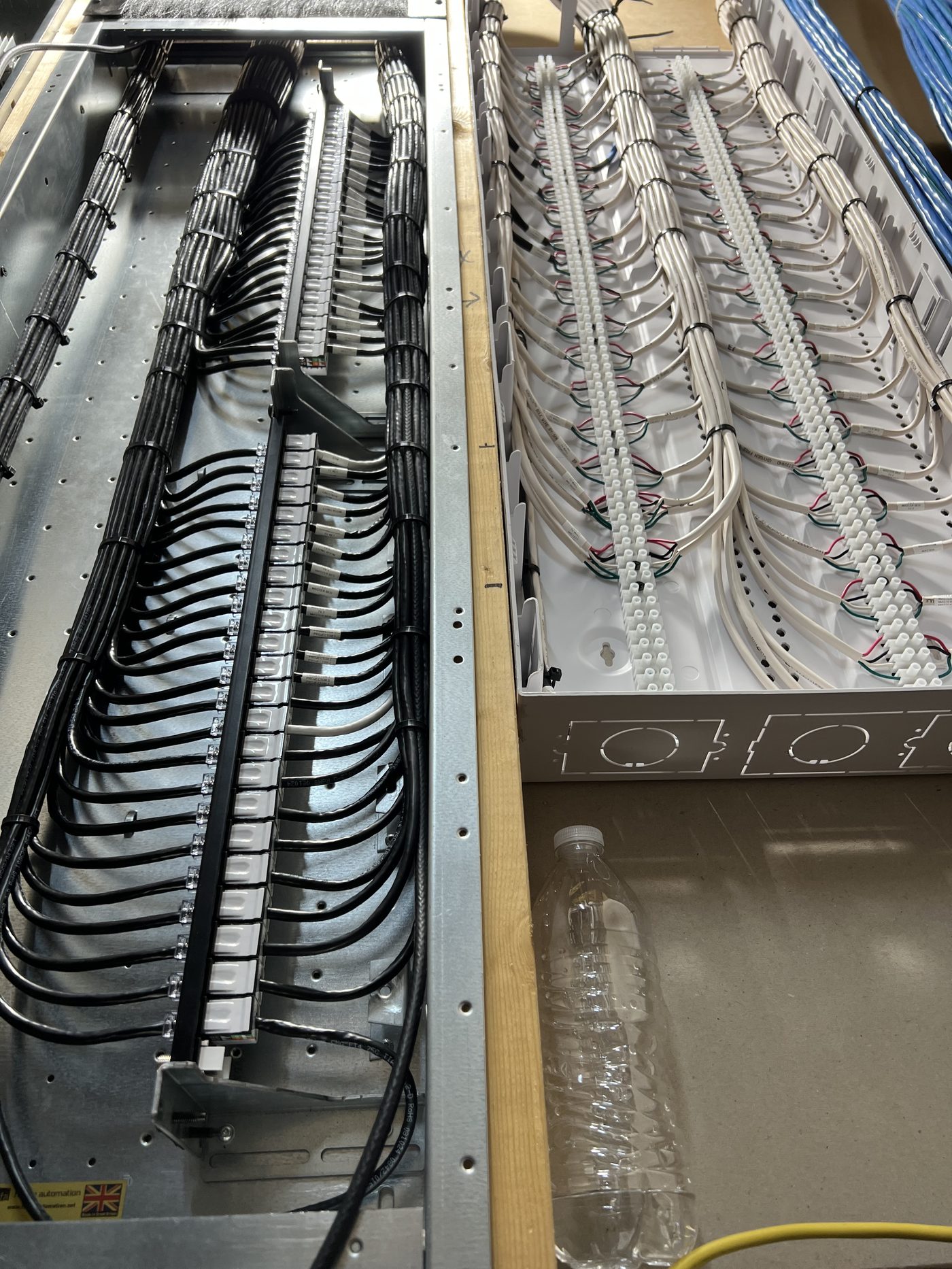 Structured cabling neatly dressed and labeled by room in distribution enclosures