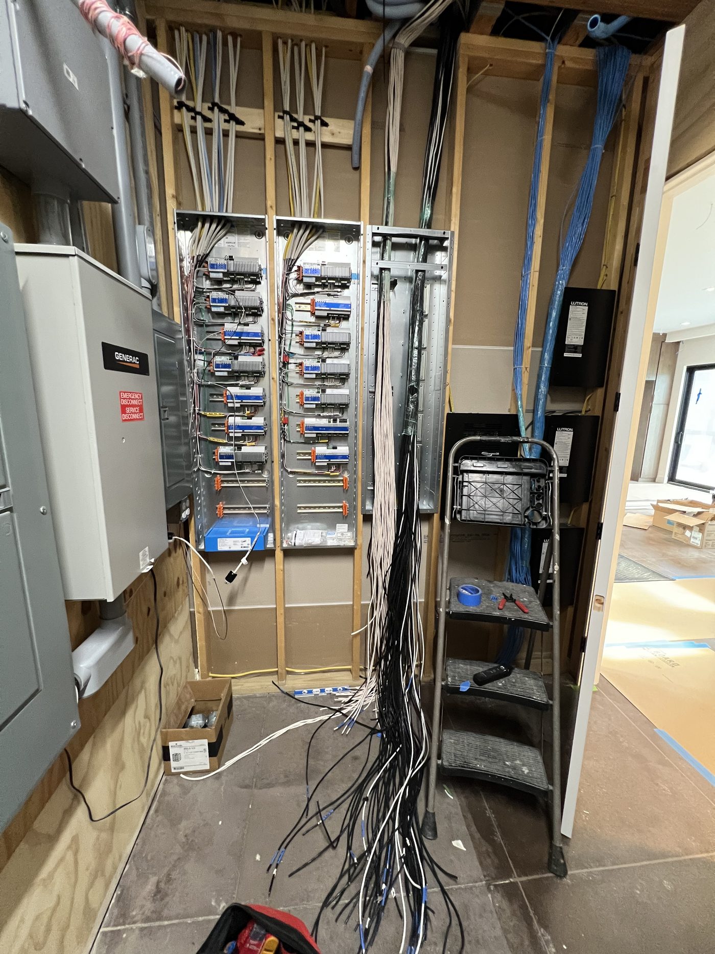 Lutron lighting control panels and Generac backup power with structured wiring