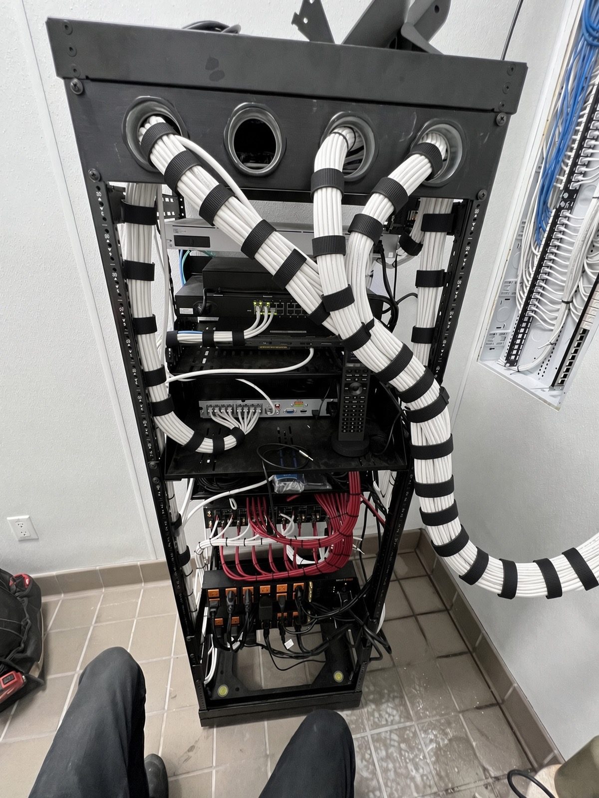 Structured cabling neatly bundled and routed through equipment rack