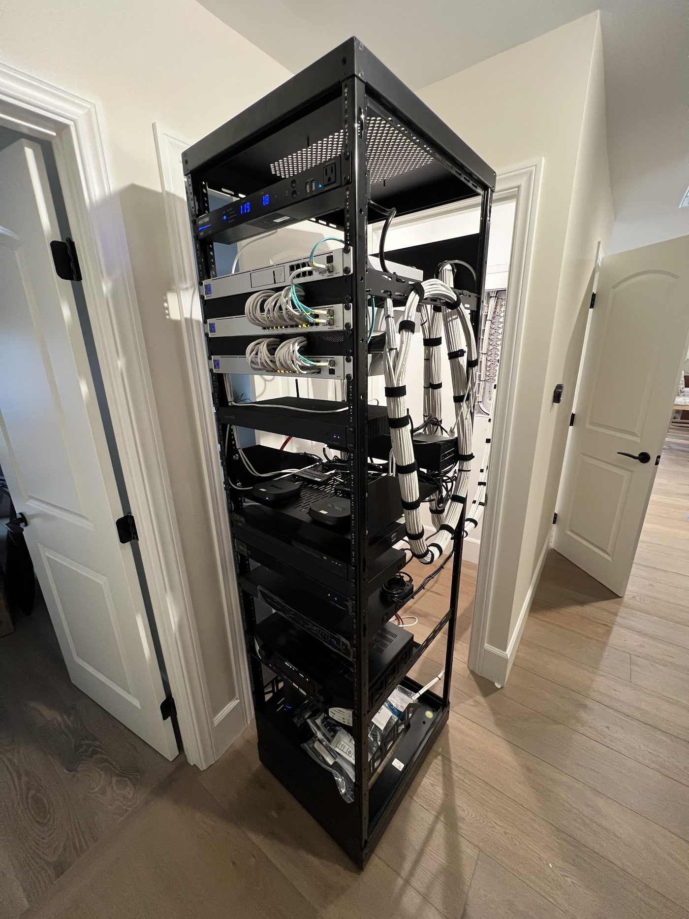 Full equipment rack installed in hallway closet