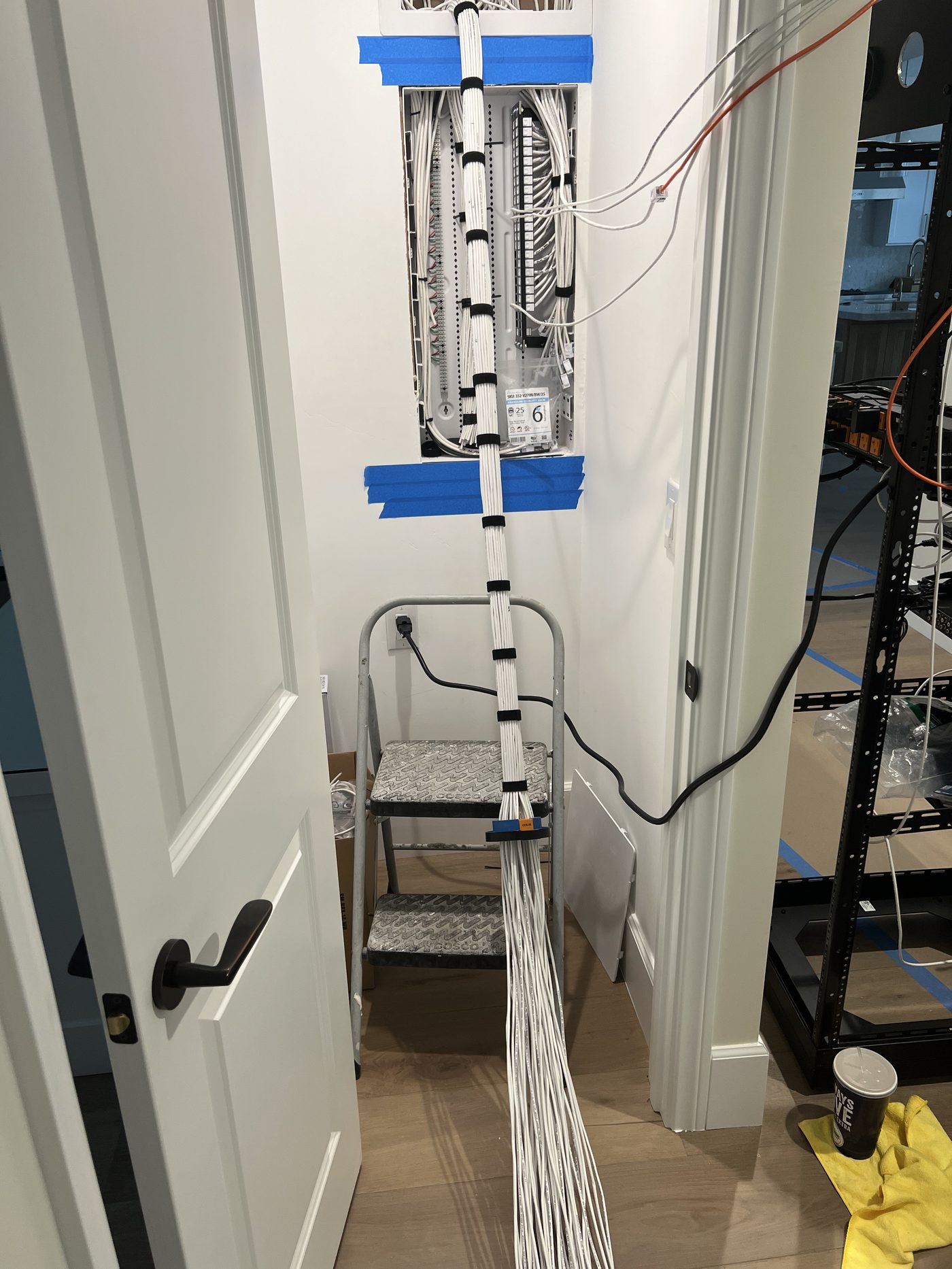 Cable bundle routed from equipment closet to distribution panel
